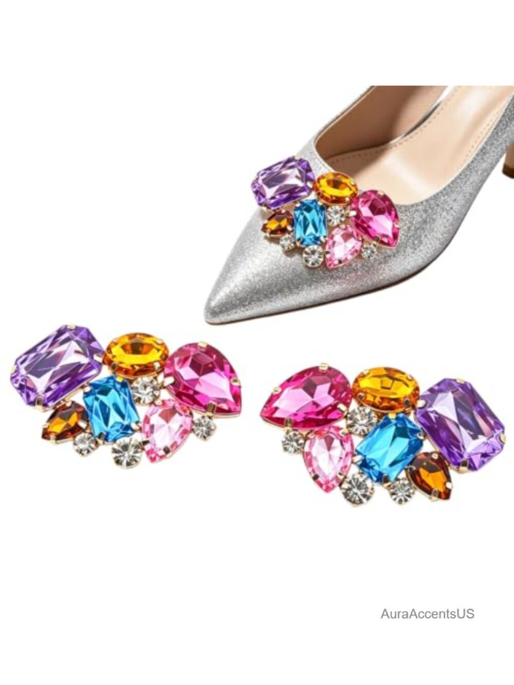 Crystal Shoe Clips Set of 2 Gold-Tone Clip-On Shoe Charms for Heels Flats